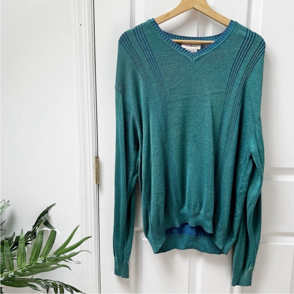 Ermeneglido Zegna Teal V-neck Mens Pullover Sweater